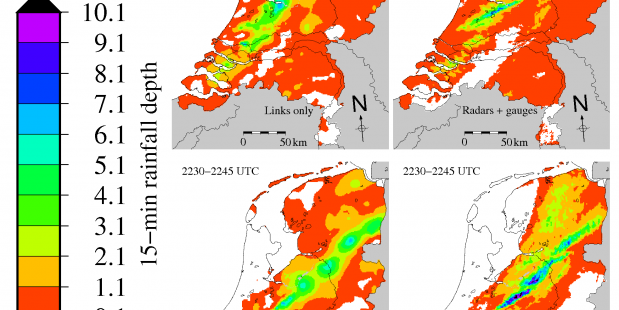 Regenkaarten van 15-minuutsommen gebaseerd op data van radiostraalverbindingen (links) en op met regenmeterdata gecorrigeerde radardata (rechts) voor 6 september 2011 (Bron: KNMI)