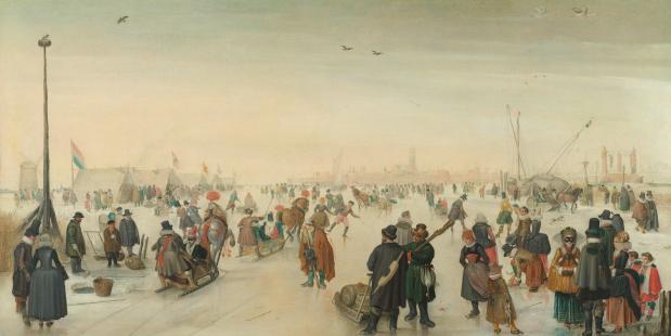 IJsvermaak bij een stad, Hendrick Avercamp, ca. 1620.