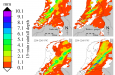Regenkaarten van 15-minuutsommen gebaseerd op data van radiostraalverbindingen (links) en op met regenmeterdata gecorrigeerde radardata (rechts) voor 6 september 2011 (Bron: KNMI)
